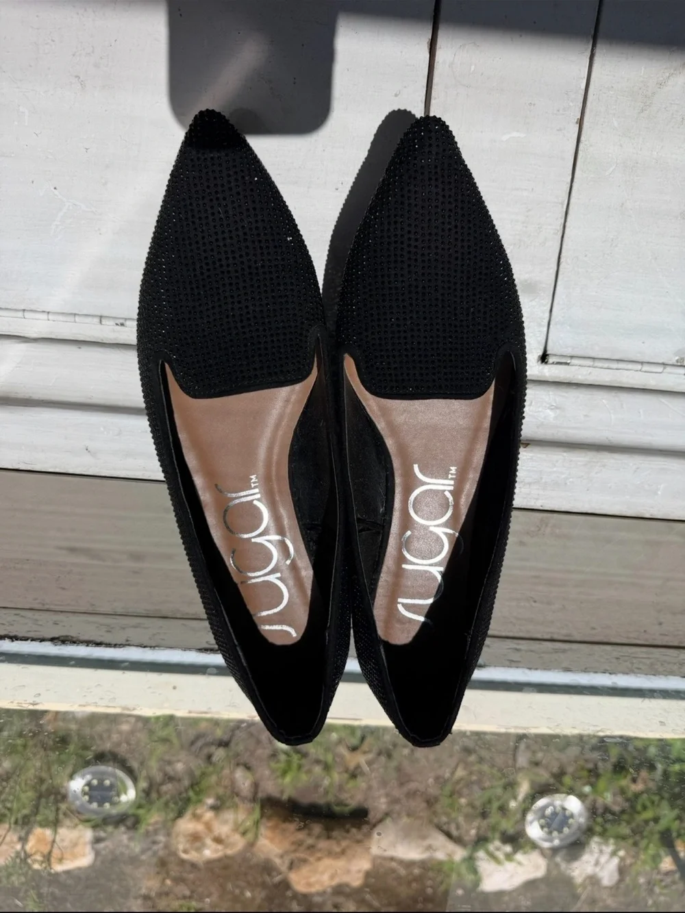 Sugar Black Pointed Toe Flats with Subtle Beading